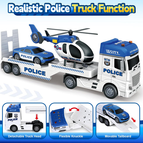3 4 5 6 7 8 25" Kids Toys for Years Old Boys, Police Truck Toy with Racing Car and Helicopter, Toddler Friction Powered