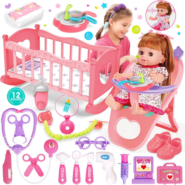 Baby Doll Toys Set, 14" Doll Toys, 25Pcs Doll Care Playset for Toddlers, Baby Gift for 3-6 Year Olds