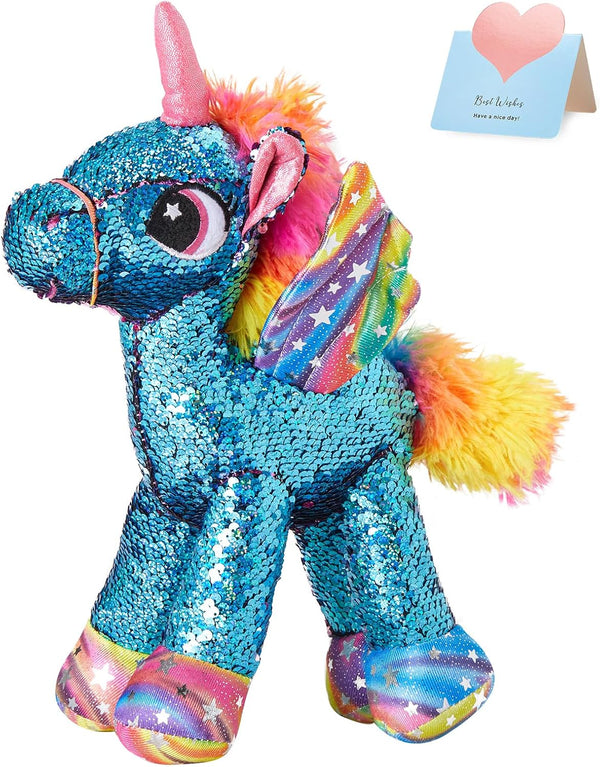 Athoinsu Unicorn Stuffed Animal Plush, Reversible Glitter Sequins, Children's Day Birthday Gift for Girls, Blue, 13"