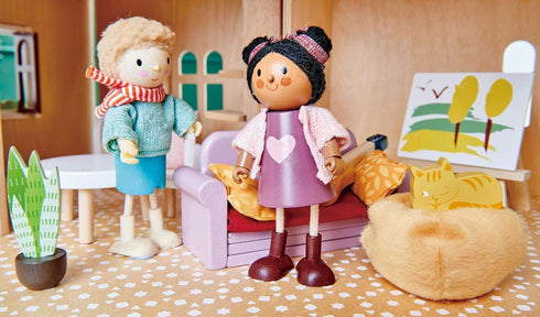 Tender Leaf Toys - Ayana and Her Cat - Wooden Miniatures Flexible Doll, Multicultural Action Figure for Dollhouse,