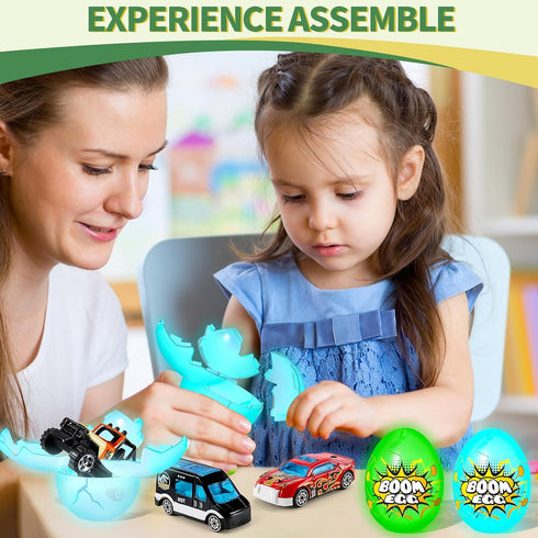 Beby Buty 6 Pack 3 4 5 6 7 Luminous Easter Eggs with Mini Cars, Includes Off-Road Vehicles, Trucks, and Police Cars