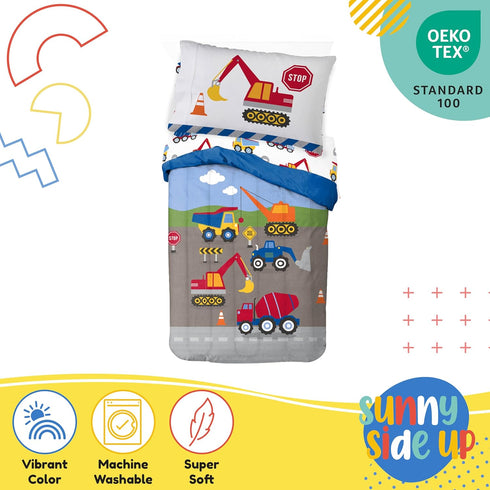 Set 4 Set Sunny Side Up Construction Zone Toddler Comforter - Piece Preschool Bedding Includes Comforter, Sheets