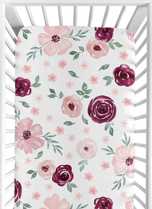 Sweet Jojo Designs Fitted Baby Crib Sheets (Burgundy/Pink Boho Floral) for Girls,
