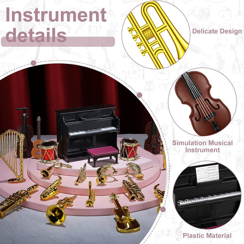 24 Pieces Dollhouse Miniature Musical Instruments Set, Violin, Piano, Trumpet, Saxophone, Electric Guitar (Black Piano)