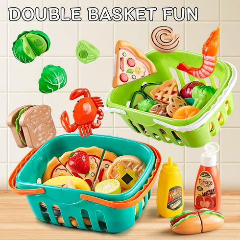 85Pc Sets 2 Kidsciety Pretend Play Food for Kids Kitchen, Cutting toy food with Baskets, Play Kitchen Accessories