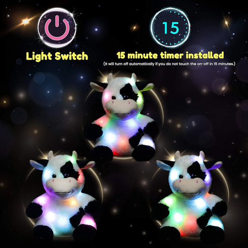 13'' Hopearl LED Plush Cow Lighting Up Stuffed Animal Diary Cattle Floppy Night Lights Glow in The Dark Birthday