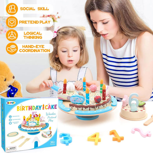 Set HAPGFS Wooden Birthday Cake Toy for Kids, Realistic Birthday Cake with Candles and Fruits for Pretend Play, Wooden