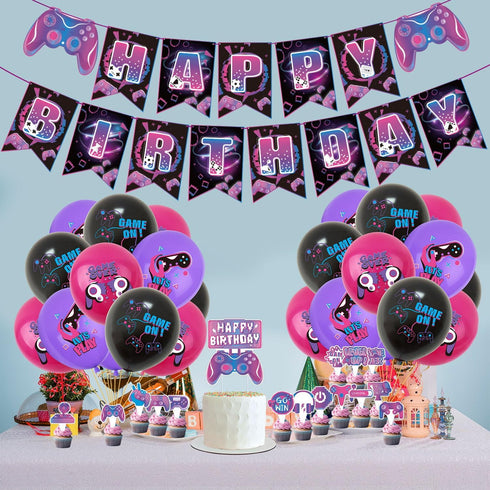 Video Game Birthday Party Decoration Set, Purple Game Supplies, Includes Birthday Banner and Balloon