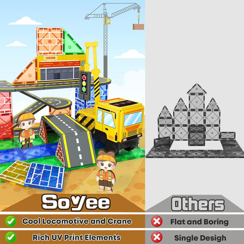Magnetic Tiles Construction Set with 2 Cranes | Boys Toys for Ages 3-10 | Includes Crane, Road Tracks, Train & Dolls
