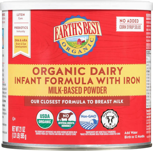 Earth's Best Organic Baby Formula for Babies 0-12 Months - Powdered Dairy Infant Formula with Iron, 21 oz