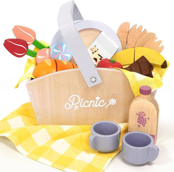 Pillowhale Wooden Picnic Basket Play Food Set 21 PCS Pretend Kids Kitchen