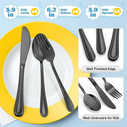 12-Piece Black Kids Silverware, E-far Stainless Steel Toddler Utensils, Safe for Preschooler/Children