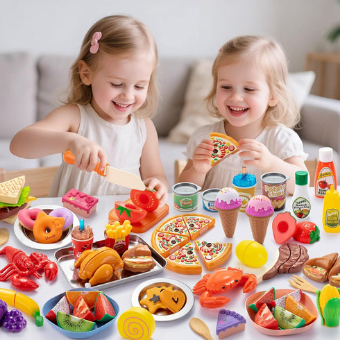 Set Juboury Pretend Play Food for Toddlers, Cutting Toy Food with Storage Bag, Stainless Steel Tray and Plates, Food