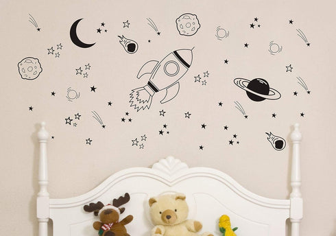 A37 Black Space Themed Room Decor, Rocket & Ship Wall Decals for Baby Boys Nursery