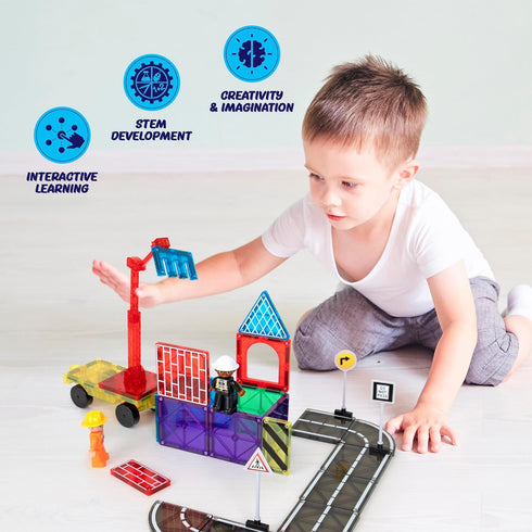 Set, 3+ 52-Piece Playmags City Construction Magnetic Tiles Building Blocks with Crane & Road Pieces, Educational STEM