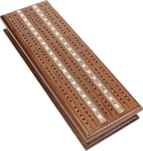 WE Games Cabinet Cribbage Set - Solid Oak Medium Stained Wood with Inlay Sprint 3 Track Board, Metal Pegs & 2 Decks of