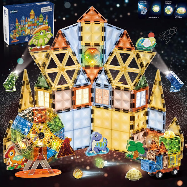 BINZKBB Magnetic Tiles 110 Pieces - 3D Lighted Magnet Building Blocks for Kids, Educational Sensory Stack Toys