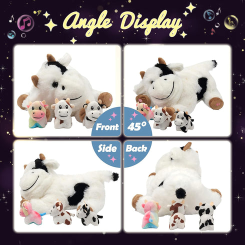 Hopearl LED Musical Stuffed Cow Playset, Singing Plush Toy with 3 Baby Cows, Adjustable Volume Lullaby.