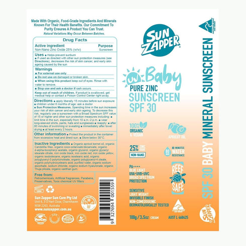 30 25% 100g (3.5 oz) Sun Zapper Baby Pure Zinc Sunscreen SPF Mineral Sunscreen for Babies and Sensitive Skin