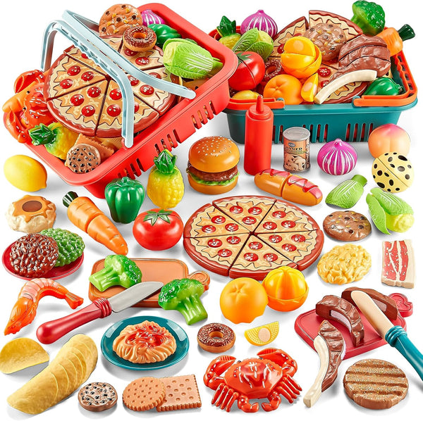 Play Food Sets for Kids Kitchen-80PC Pretend Food with 2 Kids Picnic