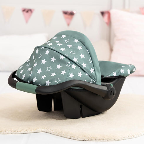 18" Bayer Design Reborn Baby Doll Car Seat with Sun Shade Canopy - Grey-Green Stars, Portable Doll Carseat for Dolls