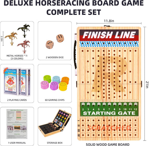 Silkchio 21" 11 60 Large Horse Race Board Game - Solid Wood Horse Racing Game with Metal Horses, Poker Chips, Dice