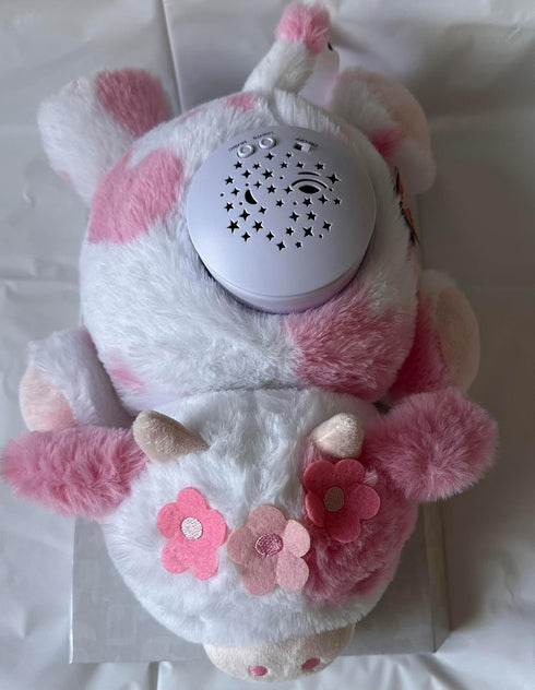 DreamGro 3 Plush Cow Night Light Soother, Pink and White, Musical Baby Sleep Aid with Star Moon Projector, Lullabies
