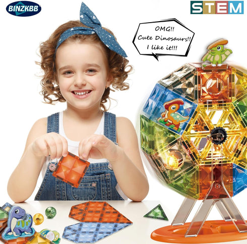 BINZKBB Magnetic Tiles 110 Pieces - 3D Lighted Magnet Building Blocks for Kids, Educational Sensory Stack Toys