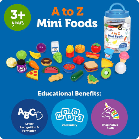 Learning Resources A to Z Mini Foods, Pretend Play Kitchen Accessories for Kids, Toddler Montessori, Fine Motor Skills