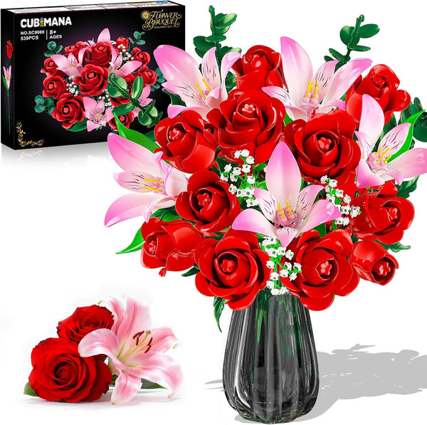 CUBIMANA Rose Flower Bouquet Building Set with LED - Red Rose Botanical