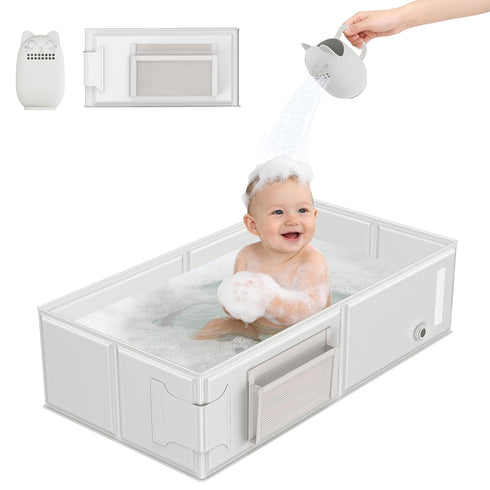 Baby Bathtub, Portable Bathtub with Cat-Patterned Bath Rinse Cup,Foldable Bath Tub for