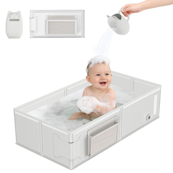 Baby Bathtub, Portable Bathtub with Cat-Patterned Bath Rinse Cup,Foldable Bath Tub for