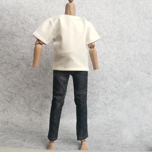 1/6 Custom Scale Clothes - T-Shirt + Jean Trousers for 12" Male Action Figure Doll Clothes (White)