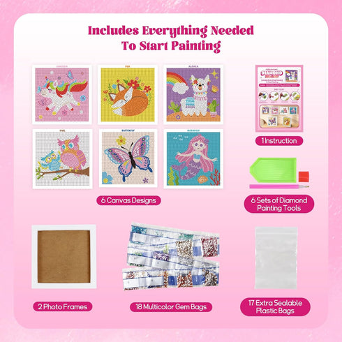 6 2 18 6 6-8-12, goldentime Diamond Painting Kits for Kids - Canvases with Frames, Gem Colors, Diamond Painting Tools
