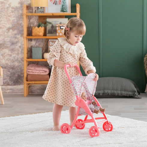 Corolle Baby Doll Stroller with Folding Canopy - Mon Premier Poupon Accessory for 12" Dolls, Pink/Floral Pattern