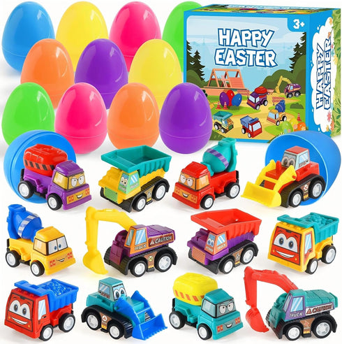 Prefilled Easter Eggs with Pull-Back Engineering Car Toys, 12 Pcs Colorful Surprise