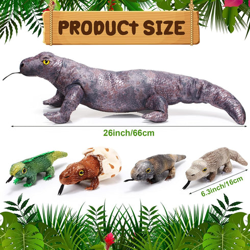 Lenwen 5 Pieces Komodo Dragon Plush Toy Set with 26 Inch Giant Lizard and 4 Plush Baby Lizards for Kids Birthday Gift