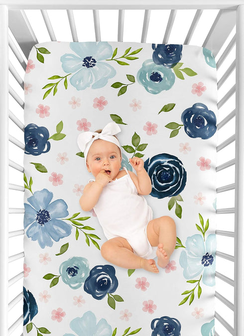 Sweet Jojo Designs Navy Blue and Pink Watercolor Floral Fitted Crib Sheet for Baby or Toddler Bed - Blush, Green, White