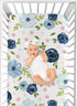 Sweet Jojo Designs Navy Blue and Pink Watercolor Floral Fitted Crib Sheet for Baby or Toddler Bed - Blush, Green, White