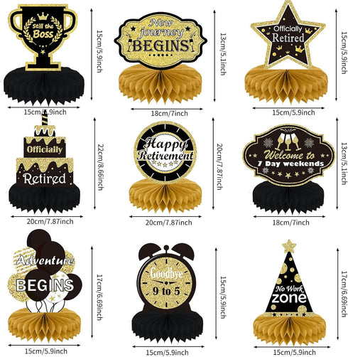9PCS Gold Retirement Party Decorations - Centerpiece Honeycomb Glitter Table Toppers for Happy Retirement Supplies