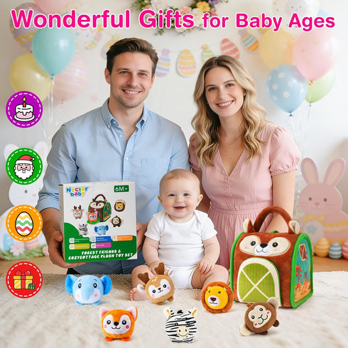 6 6-12 1-3 Soft Baby Sensory Toys - Squirrel Barn with Stuffed Zoo Animals - Rattles, Crinkles, Squeak, Mirror