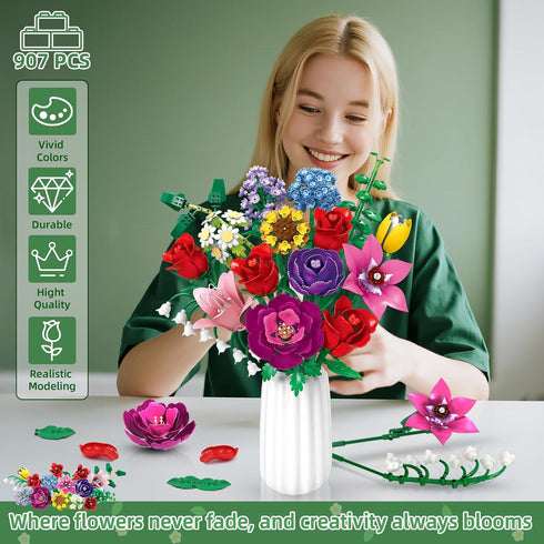Set kiothdre Flower Bouquet for Adults, Botanical Collection Building Block Toy with Roses Sunflower for Teen Girls