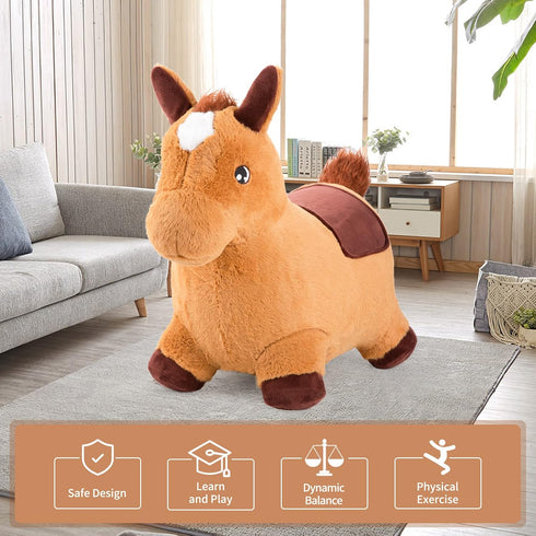 INPANY Bouncy Horse for Toddlers, Plush Brown Inflatable Ride-On Animal Toy with Pump
