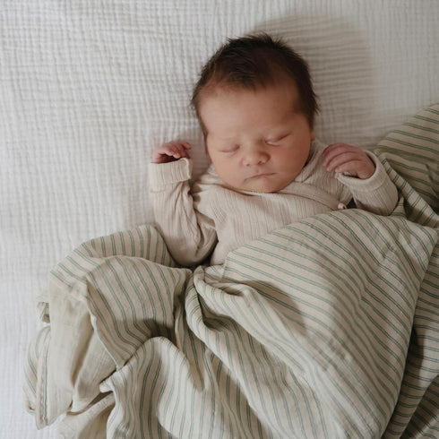 mushie Muslin Baby Swaddle Blanket - 100% Organic Cotton (Sage Stripe)
