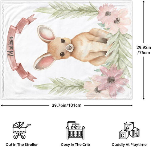 Novusopt Personalized Kangaroo Baby Blanket with Name, Floral Toddler Girl Soft Plush Receiving Blanket for Newborn