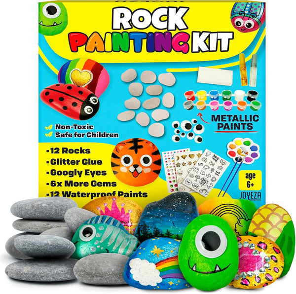 JOYEZA Rock Painting Kit Deluxe, Arts and Crafts for Girls Boys Age 6+, 12 Rocks Tween Gift Art Set, Kids Activities