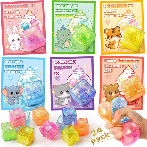 Valentines Day Cards for Kids School, 24 Pcs Ice Cube Shaped Squeeze