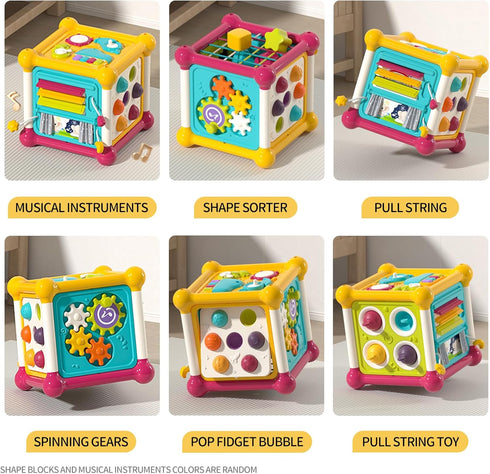 6-in-1 4 1 2 1 Baby Activity Cube, Educational Early Development Toy with Sensory Shape Blocks, Music Busy Board