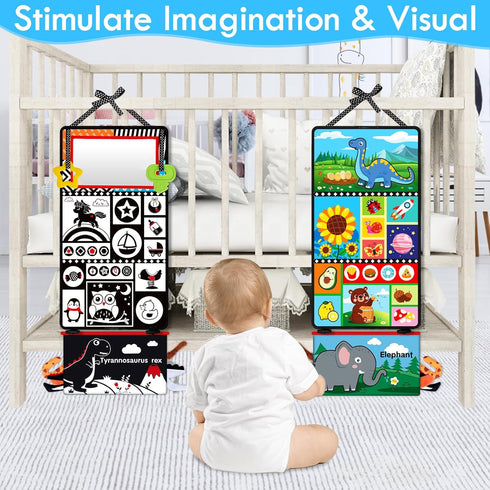 Tummy Time Baby Mirror Toys 0-6 6-12 Months, High Contrast Infant Toys with Crinkle Cloth Book and Teether