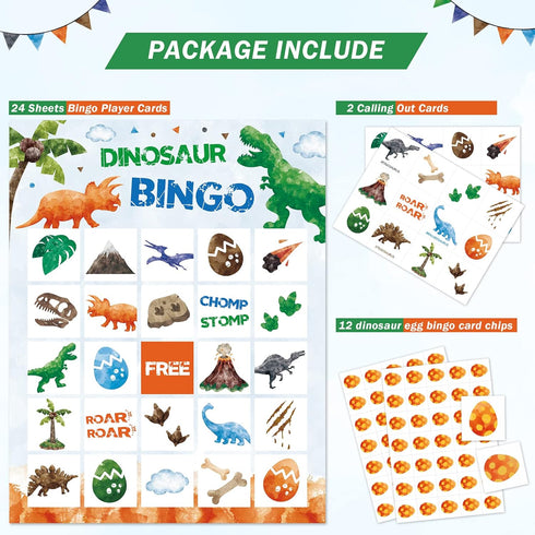 WERNNSAI Watercolor Dinosaur Bingo Party Games - 24 Players Dino Birthday Bingo Cards for Kids